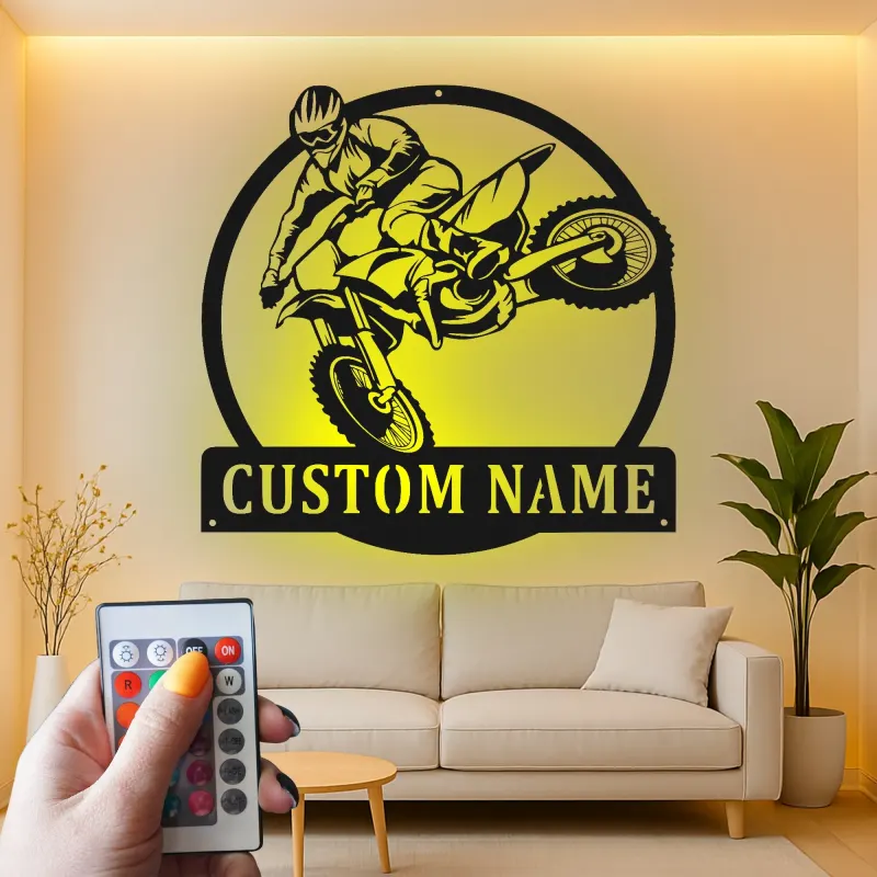 Insegna in Metallo Motocross | Arte da Parete LED Personalizzata per Moto da Cross | Nome Personalizzato per Garage o Camera da Letto di Adolescenti
