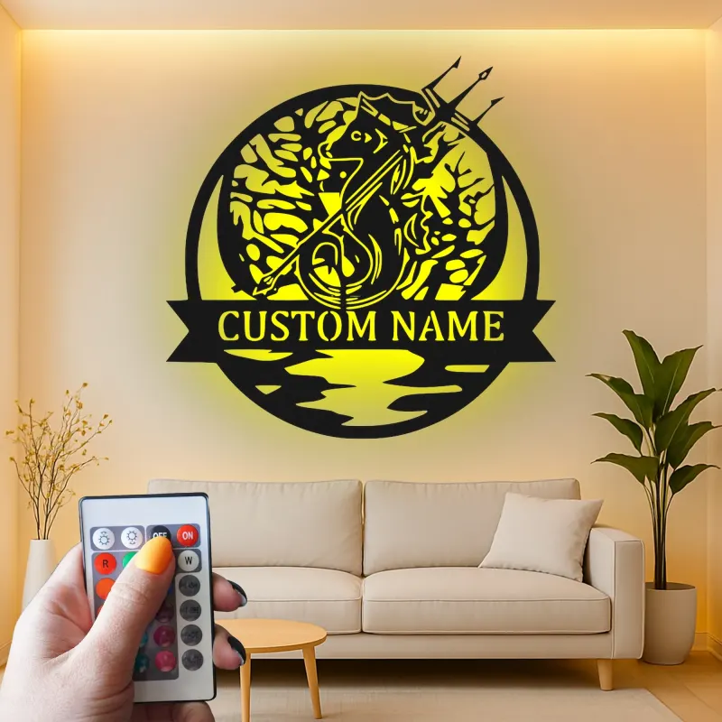 Panneau LED Personnalisé Hippocampe avec Trident | Art Murale en Métal pour Maison de Plage | Décor Nautique Personnalisé