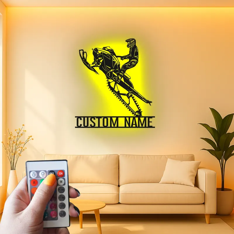 Panneau LED de Motoneige Personnalisé | Art Murale en Métal Personnalisé pour Motard | Décoration de Garage de Sports Extrêmes | Cadeau d'Aventure d'Hiver