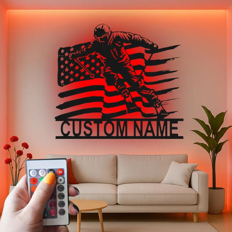 Personalisierte Skifahrer mit amerikanischer Flagge LED-beleuchtetes Metallschild Geschenk für Ski-Enthusiasten Man Cave Dekor