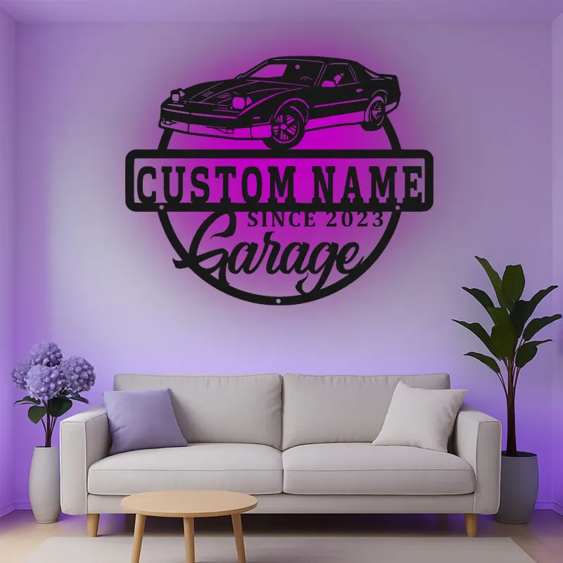 Cartel de metal LED personalizado para garaje con coche, regalo personalizado para entusiastas de coches, decoración mural de garaje 2