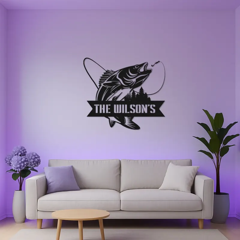 Insegna da pesca personalizzata con LED | Arte murale in metallo con pesce su misura | Arredo per casa al lago e baita | Regalo per pescatore con cognome di famiglia