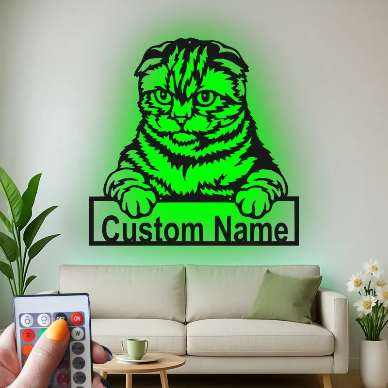 Personalisierte Scottish Fold Katze LED-beleuchtete Metall-Wandkunst Geschenk für Katzenliebhaber