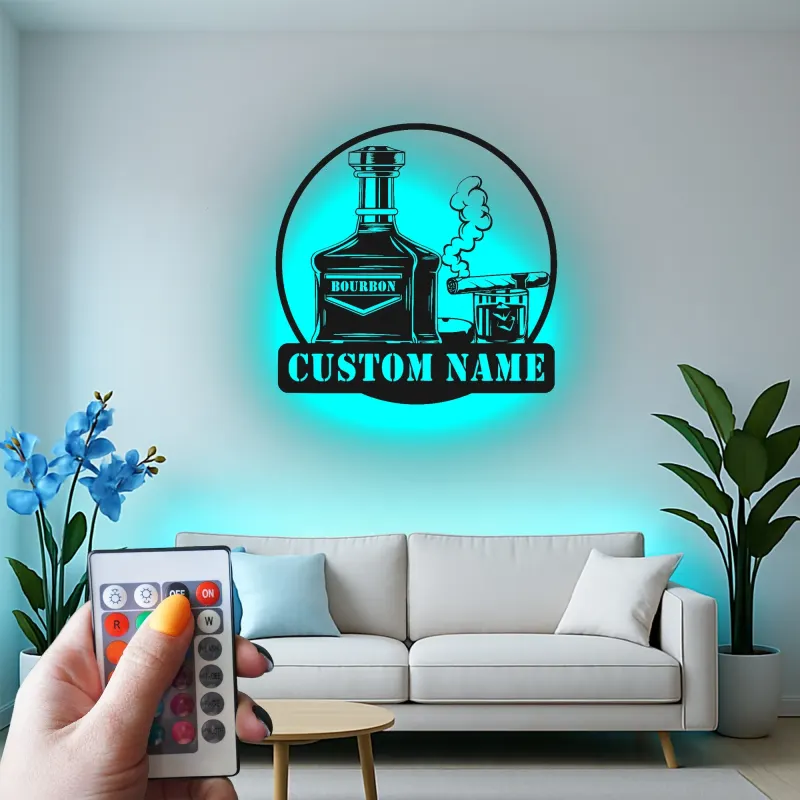 Décoration murale en métal personnalisée avec éclairage LED pour amateurs de bourbon et de cigares