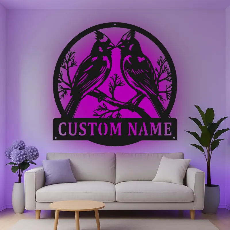 Personalisierte Kardinal-Paar LED-Metall-Wandkunst – Geschenk für Vogelliebhaber, für Schlafzimmer oder Wohnzimmer