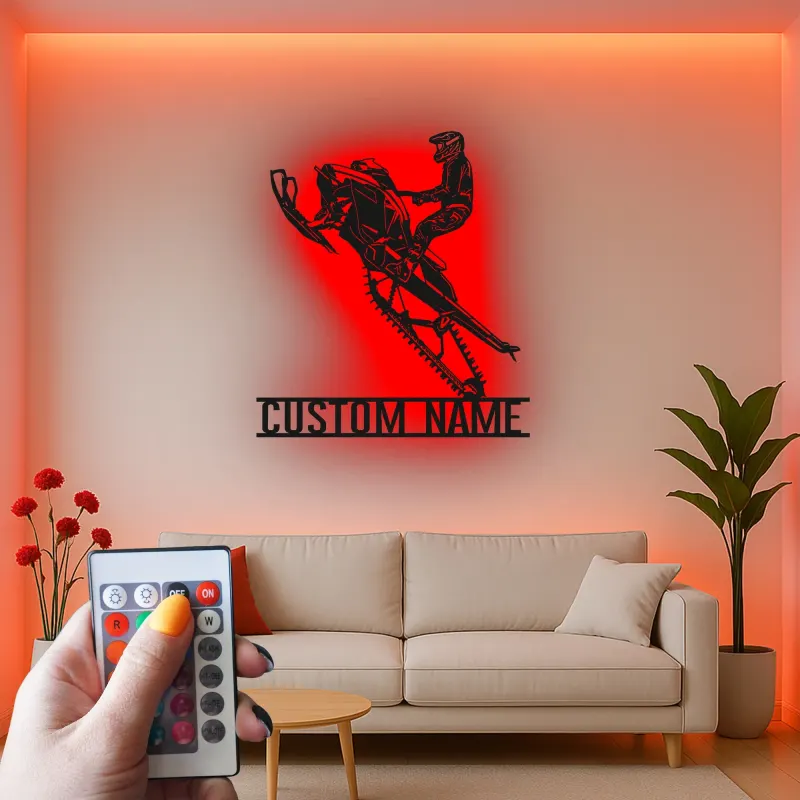 Panneau LED de Motoneige Personnalisé | Art Murale en Métal Personnalisé pour Motard | Décoration de Garage de Sports Extrêmes | Cadeau d'Aventure d'Hiver