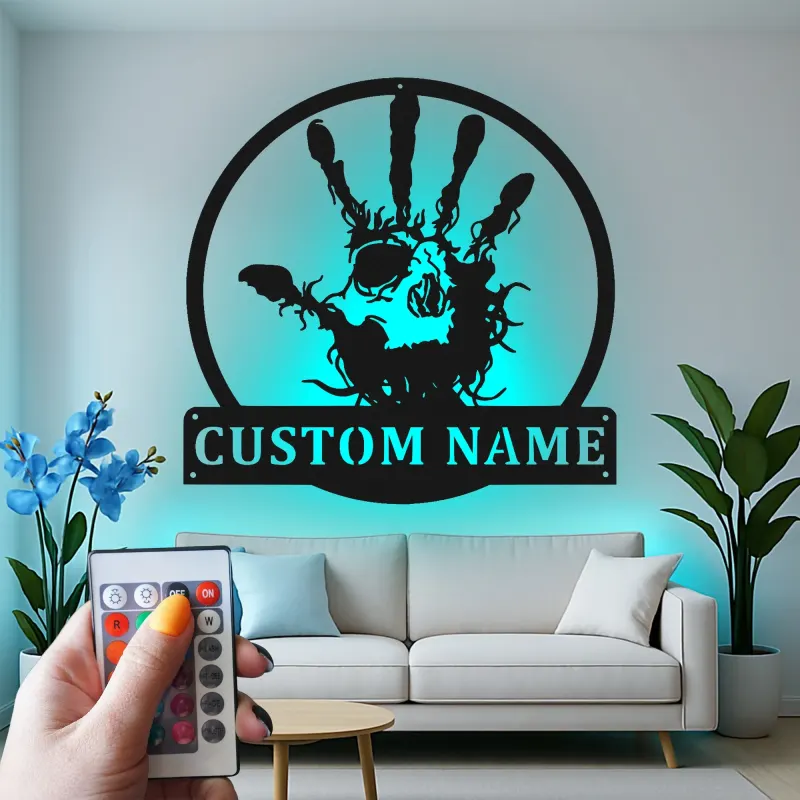 Zombie Handprint LED Metal Sign | Personalized Horror Decor | Custom Name Wall Art for Halloween & Haunted House Events