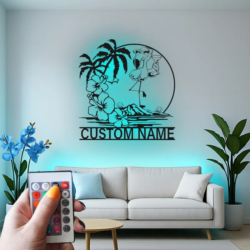 Cartel LED de flamenco personalizado | Arte mural tropical personalizado | Decoración de casa de playa para patio o bar junto a la piscina | Placa de nombre iluminada