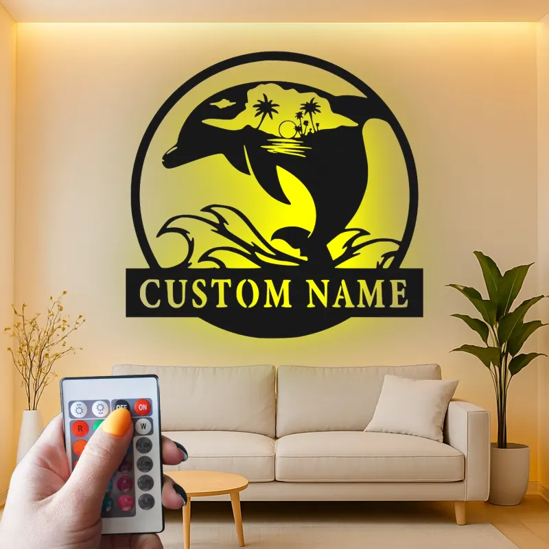 Custom Dolphin Ocean Scene Led Light Metal Wall Art Personalized Beach Lover Gift Coastal Living Room Decor