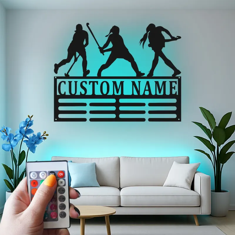 Cartel de metal personalizado de jugador de hockey sobre césped LED regalo personalizado para atleta decoración de sala de deportes