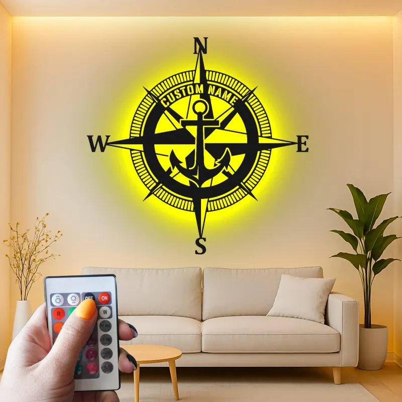 Insegna LED Personalizzata con Bussola Nautica | Insegna in Metallo con Ancora | Decorazione Costiera per Casa e Barca