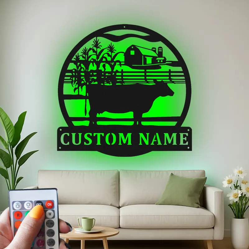 Cartel de metal LED personalizado con escena de granja y vaca, regalo rústico para agricultores, decoración de granero