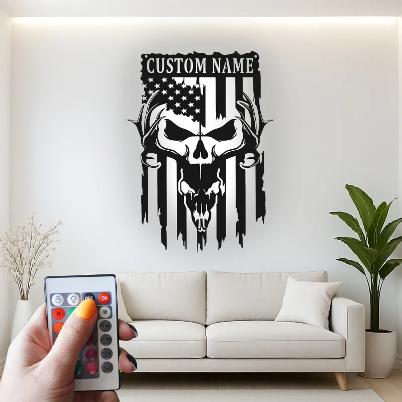 Insegna in metallo personalizzata con teschio di cervo e bandiera americana luce LED regalo per lui decorazione rustica per man cave