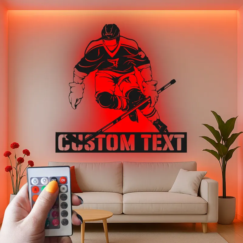 Personalisierte Hockey Wandkunst | Individuelles LED Metallschild für das Spielzimmer | Geschenk für Hockeyspieler