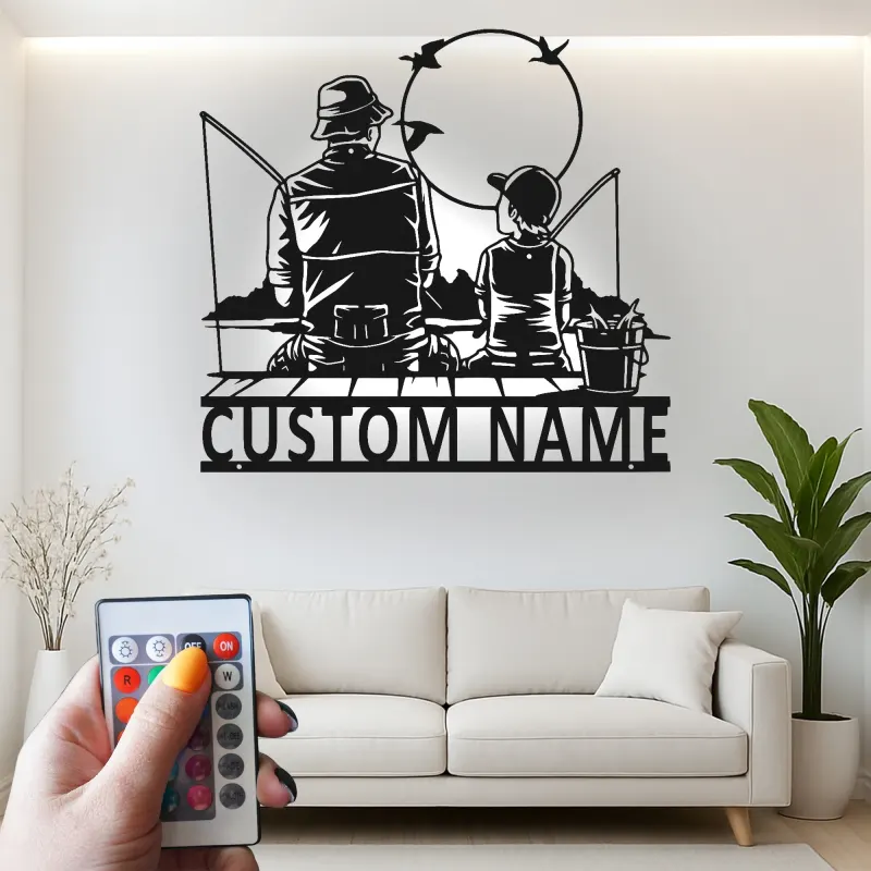 Custom Fishing LED Metal Wall Art | Personalized Father & Son Decor | Lake House & Cabin Gift