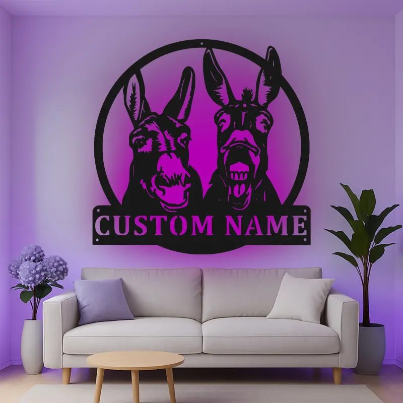 Cartel de metal LED personalizado de dúo de burros, regalo de granja, decoración para el granero o el salón