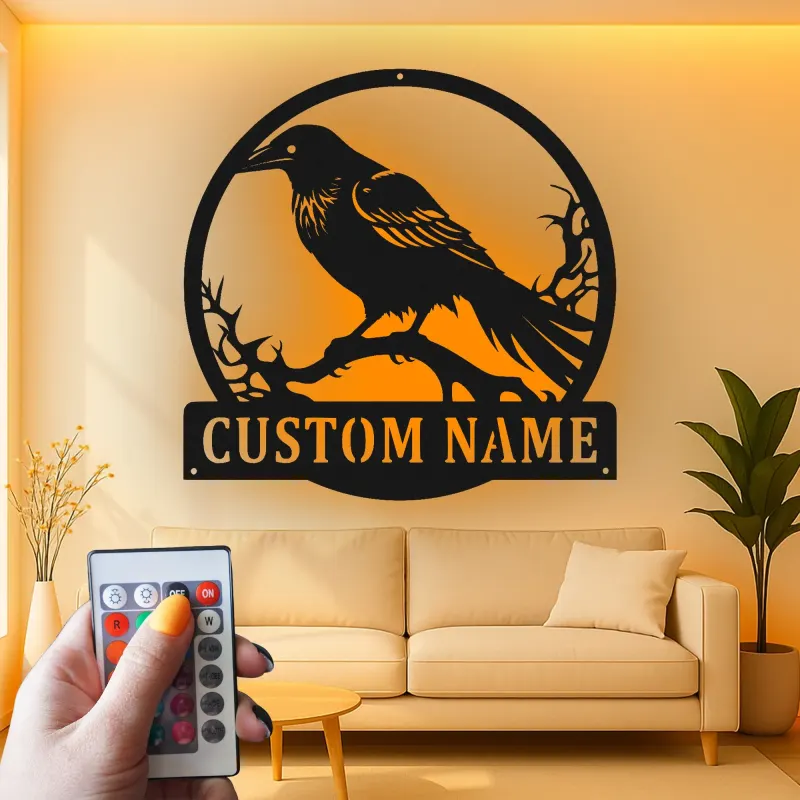 Raben Silhouette LED Schild | Individuelle Metall Wandkunst | Personalisierte Gothic Krähen Dekor für Zuhause, Garten & Halloween Geschenk