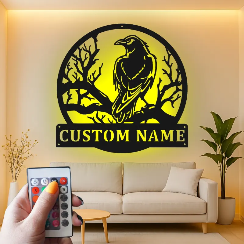 Panneau Métal Corbeau Gothique | Art Mural LED Personnalisé | Plaque de Nom sur Mesure pour Maison & Bureau | Décor Nature Sombre