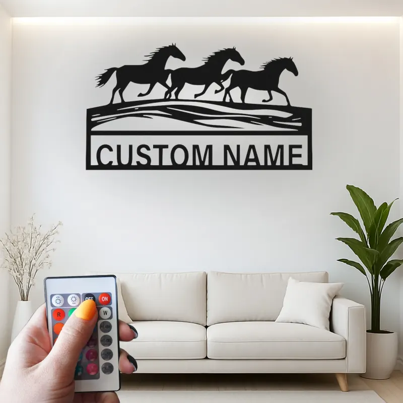Running Horses Metal Wall Art | Custom LED Name Sign | Personalized Farmhouse & Ranch Decor for Horse Lovers