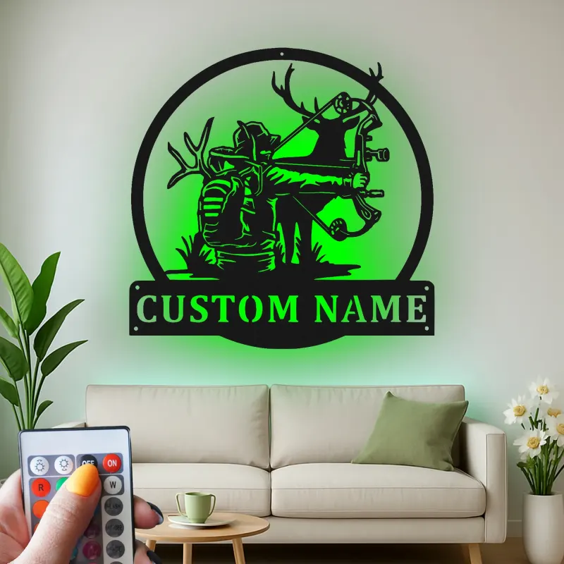 Cartel de metal personalizado con luz LED de cazador con arco, regalo personalizado para entusiastas de la arquería, decoración de man cave o cabaña