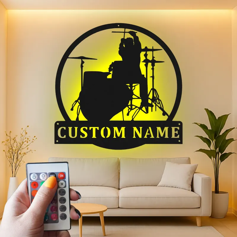 Insegna in metallo LED personalizzata con silhouette di batterista - Regalo per amanti della musica, decorazione per studio musicale o camera da letto
