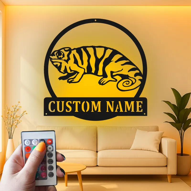 Décoration murale en métal personnalisée avec éclairage LED Chameleon pour les amoureux des reptiles - Cadeau unique pour la chambre