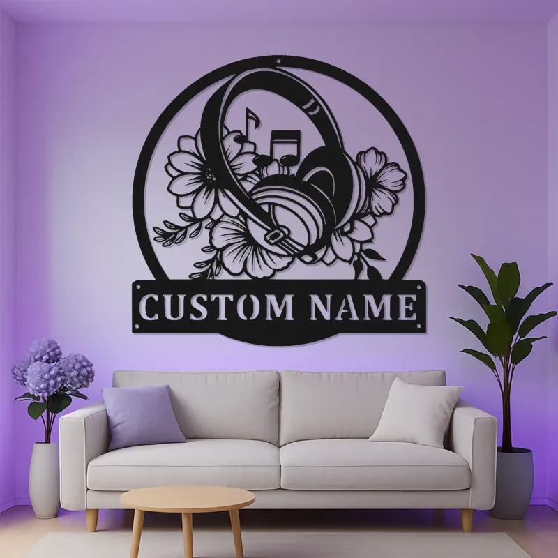 Personalisierte Metall-Wandkunst für Kopfhörer | LED-Schild für Musikstudio-Dekor | Florales Geschenk für Musiker