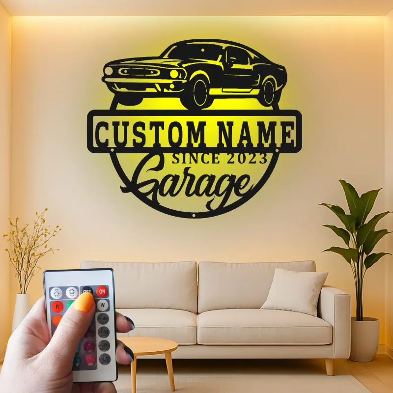 Décoration murale en métal LED personnalisée pour voiture de muscle - Cadeau de garage pour passionnés de voitures