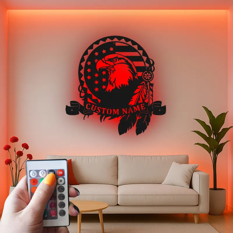Custom Eagle American Flag Led Light Metal Wall Art Patriotic Gift for Veterans Office or Living Room Decor
