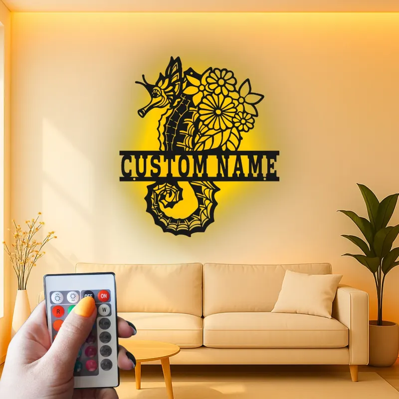 Insegna LED con cavalluccio marino | Insegna in metallo personalizzata con fiori | Decorazione nautica per casa al mare e beach house | Regalo per chi ama l'oceano