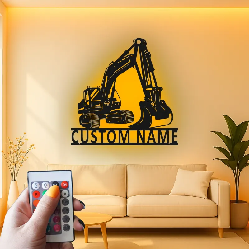 Décoration murale en métal personnalisée avec rétroéclairage pour excavateur - Cadeau de construction pour lui - Décor de garage pour passionnés d'équipement lourd