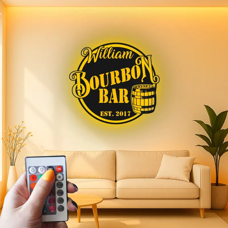 Custom Bourbon Bar Led Light Metal Wall Art Personalized Gift for Home Bar Man Cave Decor