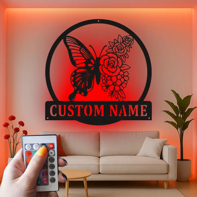 Décoration murale en métal personnalisée Papillon et Fleurs avec Rétroéclairage LED Cadeau pour Amateurs de Jardin Décor de Chambre ou de Patio