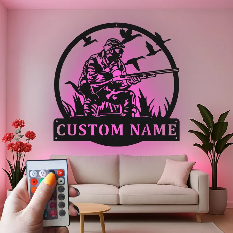 Insegna in metallo personalizzata per cacciatori con anatre con luce LED regalo per cacciatori decorazione per man cave o cabin