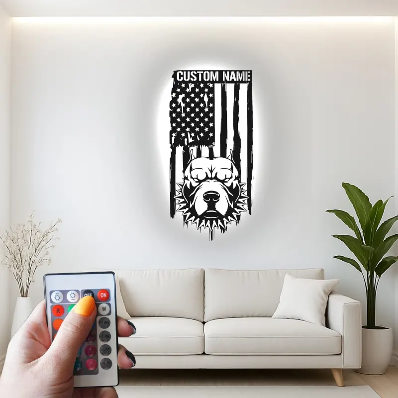 Custom Pitbull American Flag Led Light Metal Wall Art Personalized Dog Lover Gift Patriotic Home Decor