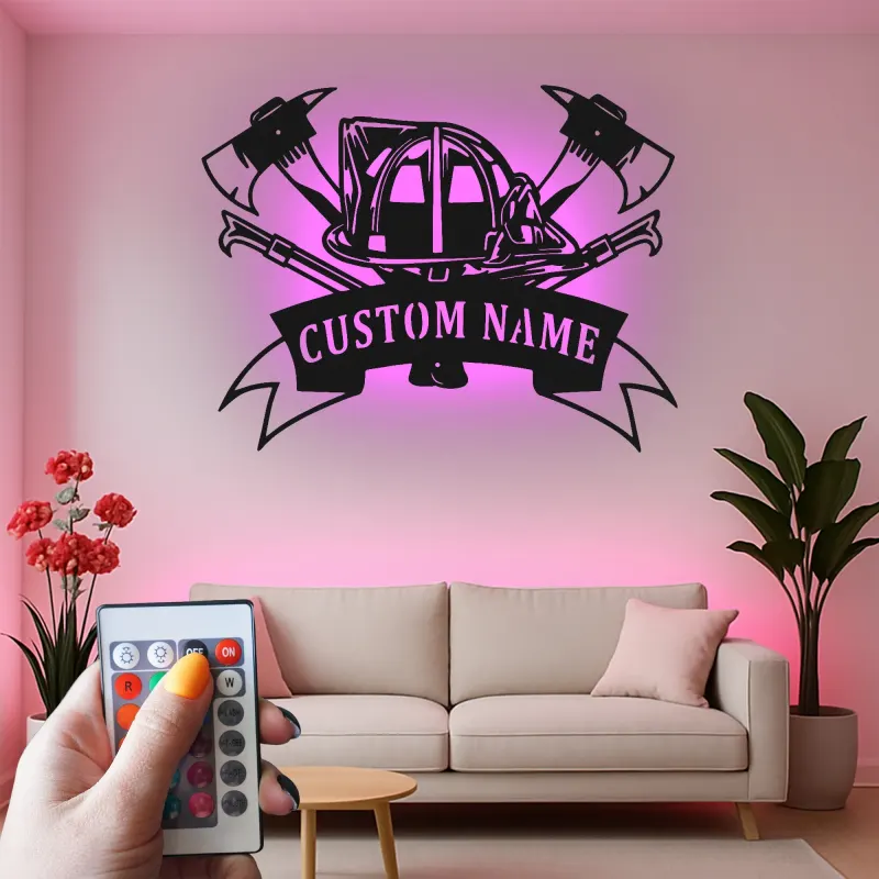 Insegna in metallo personalizzata per vigile del fuoco | Arte murale LED personalizzata | Decorazione per dipartimento dei pompieri | Regalo per pompiere
