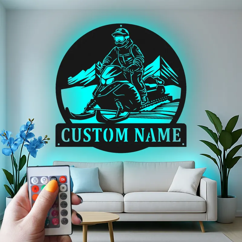 Arte murale in metallo per pilota di motoslitta | Insegna LED personalizzata per garage o man cave | Regalo per sport invernali per lui