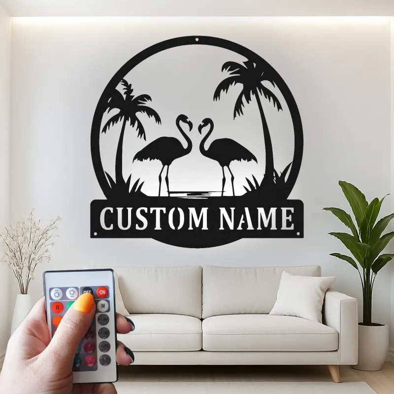 Arte mural de metal LED de flamenco | Cartel tropical personalizado | Decoración de casa de playa | Placa de nombre personalizada para hogares costeros