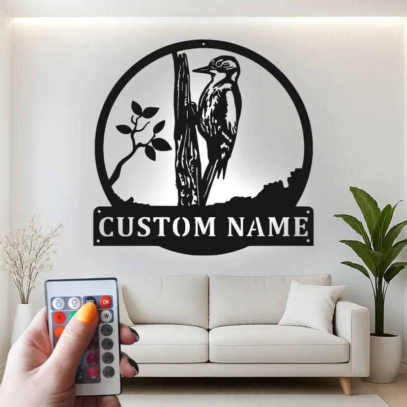 Personalisierte Specht LED-beleuchtete Metall-Wandkunst Geschenk für Naturfreunde Rustikale Wohnkultur für Vogelenthusiasten