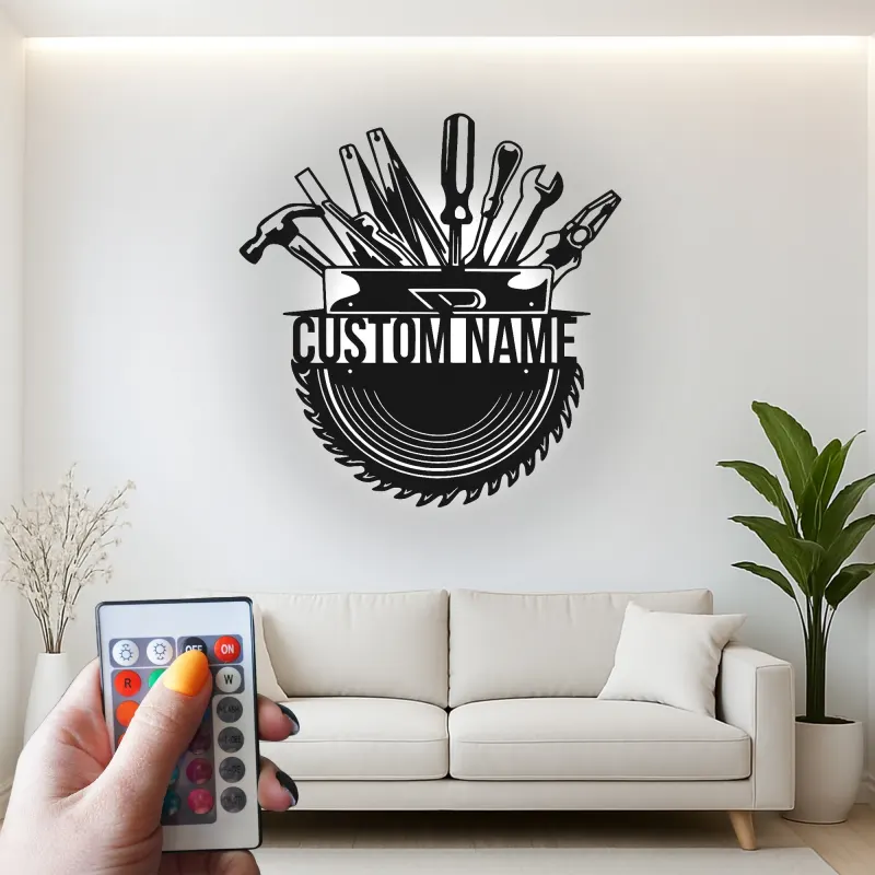 Décoration murale en métal personnalisée avec rétroéclairage LED pour boîte à outils - Cadeau pour bricoleur, décoration de garage et d'atelier