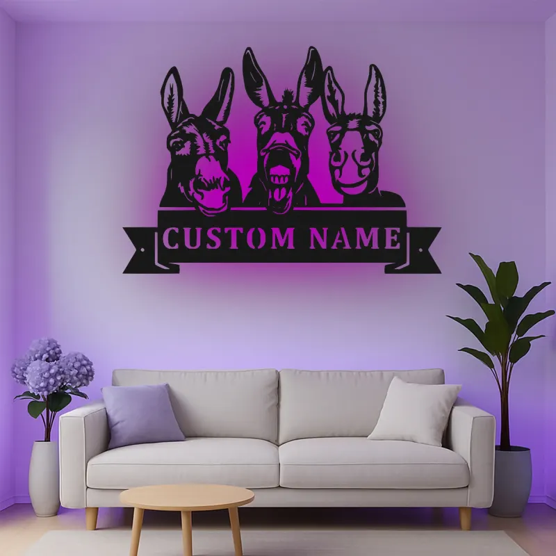 Insegna in metallo LED Donkey Trio Personalizzata Regalo per Fattoria Decorazione Casa Rustica