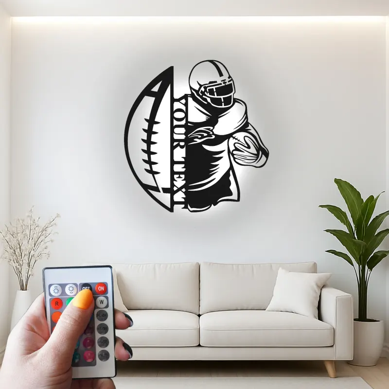 Cartel metálico personalizado de jugador de fútbol americano | Decoración deportiva con LED para habitación juvenil | Decoración mural con nombre a medida para regalo de deportista