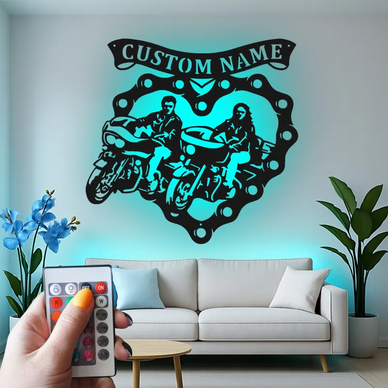Personalisierte LED-beleuchtete Metall-Wandkunst für Motorradpaare – Biker Geschenk für Ihn oder Sie, Garagen- oder Man Cave Dekor