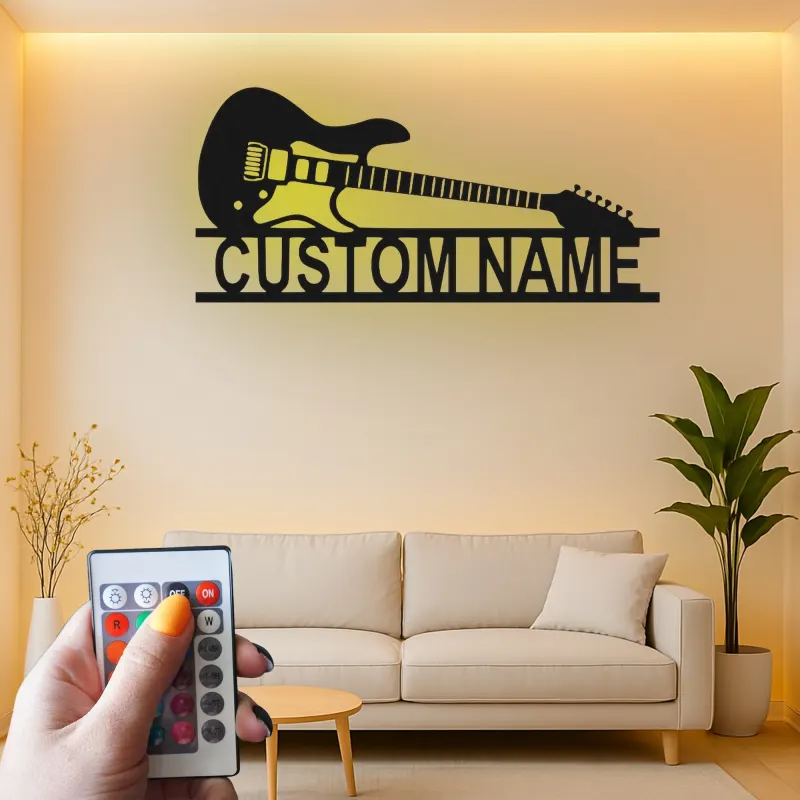 Letrero LED de guitarra personalizado | Decoración mural de metal personalizada para sala de música | Decoración retroiluminada con nombre para músico y regalo para guitarrista