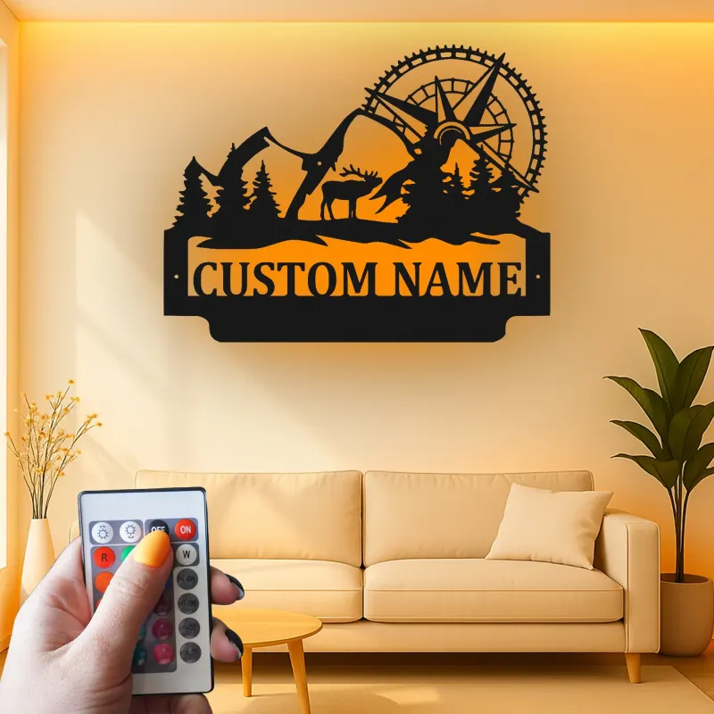 Letrero LED de bicicleta de montaña y alce | Decoración mural de metal personalizada para cabaña rústica | Regalo personalizado para amantes de la aventura al aire libre y el ciclismo