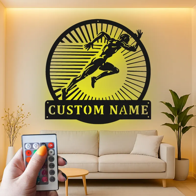 Custom Runner Name Sign | LED Metal Wall Art for Gym & Home | Personalized Track Athlete Gift | Sprint Silhouette Decor