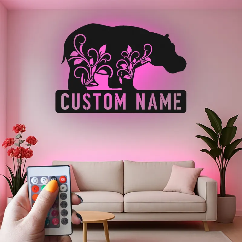 Personalisiertes LED-beleuchtetes Metallschild mit Nilpferd – Geschenk für Tierliebhaber, Kinderzimmer oder Wohnzimmer Dekoration