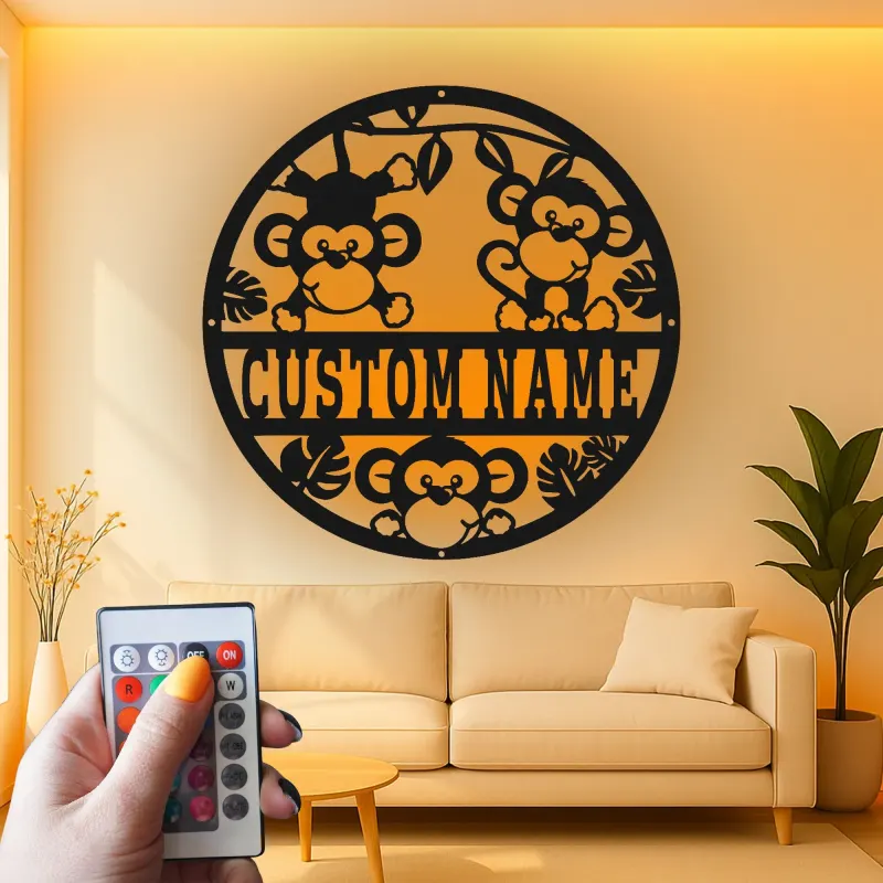 Cartel de nombre de mono personalizado | Arte mural de metal LED para guardería | Decoración de animales de la jungla para la habitación infantil | Regalo de baby shower personalizado