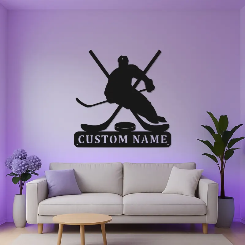 Custom Hockey Player Metal Sign | LED Light Wall Art | Personalized Game Room Decor | Hockey Fan Gift