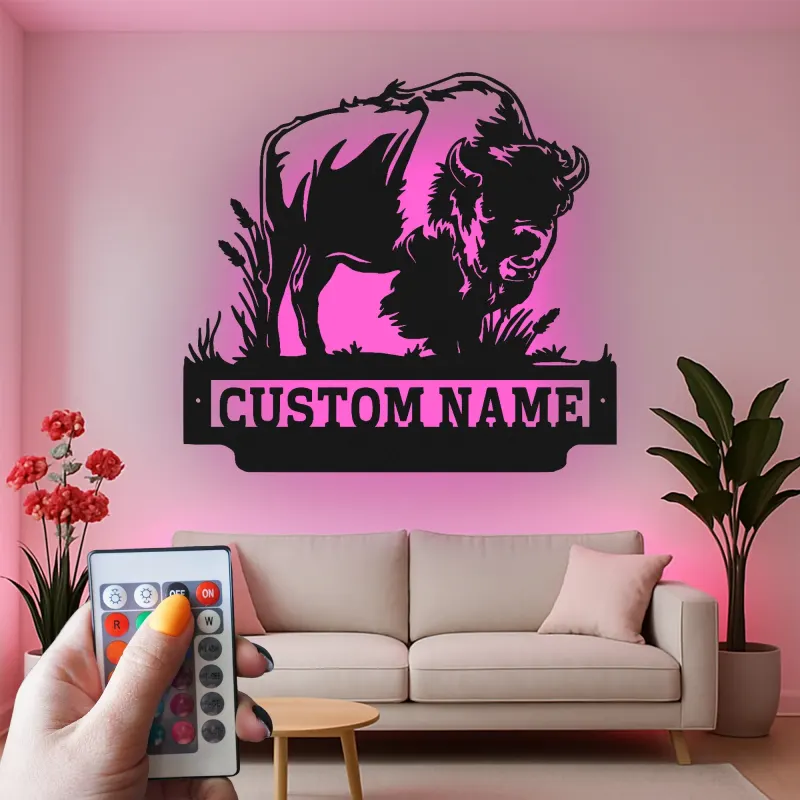 Custom Bison Led Light Metal Wall Art Personalized Wildlife Gift for Nature Lovers Rustic Home Decor 1